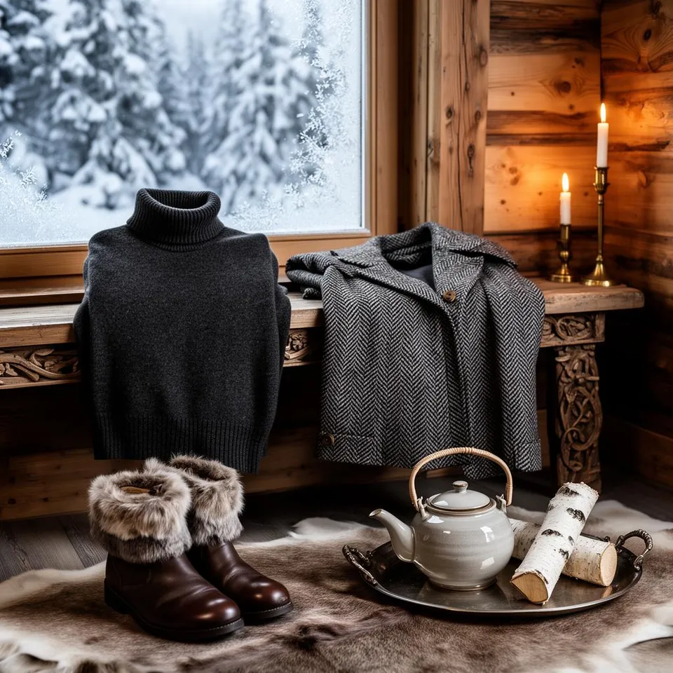 Charcoal merino turtleneck and herringbone wool coat folded on a carved wooden bench beside fur-lined leather boots, a pewter tray with a ceramic teapot and birch logs, candlelight glowing on knotted pine cabin walls