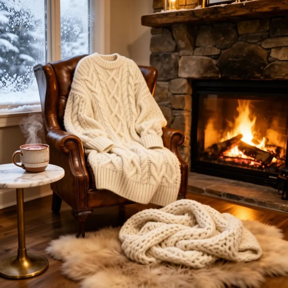 Oversized cream cable-knit cashmere sweater draped over a vintage leather wingback chair beside a crackling stone fireplace, with a steaming ceramic mug of hot chocolate on a marble side table and snow drifting past frosted windowpanes