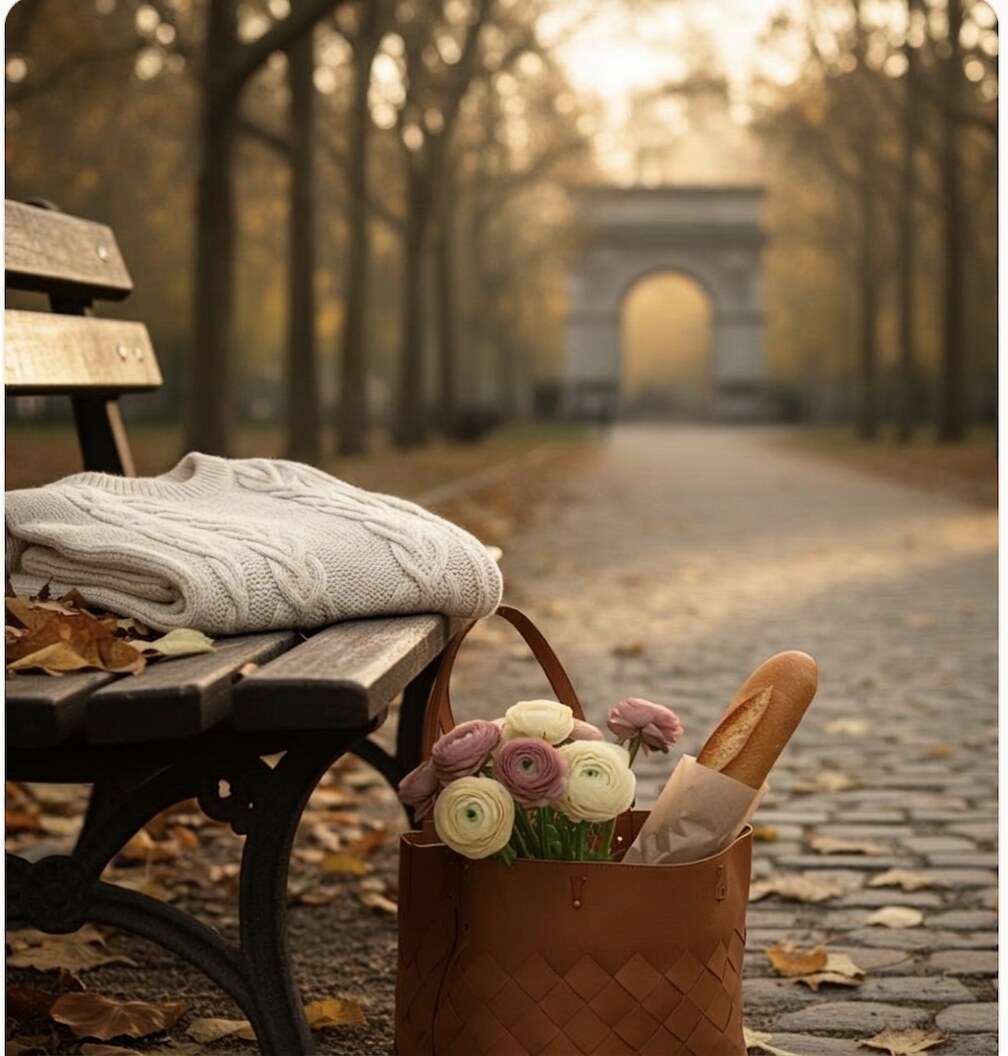 Taupe trench coat slung over a park bench beside a woven market tote with a baguette and tulips, fallen leaves in golden-hour light