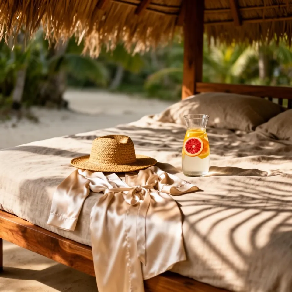 Silk robe and woven straw hat on a teak daybed beneath a thatched cabana with a ceramic carafe of citrus water and palm-shadow patterns on linen sheets